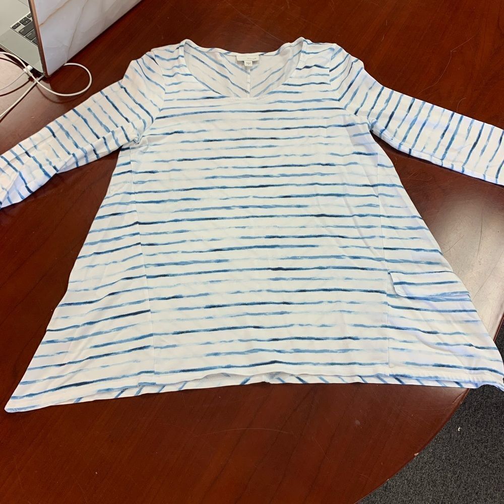 J. Jill Pure Jill Blue Watercolor Striped Pocket Angle Hem Shirt sz S NWOT